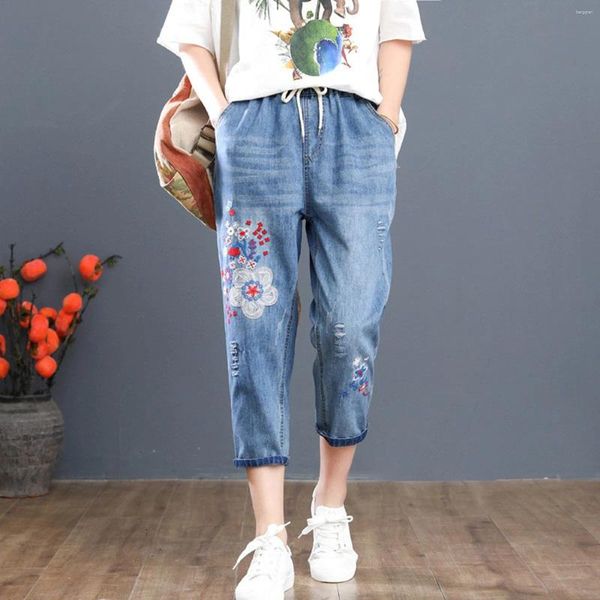 Frauen Jeans Frau High Street Vintage Stickerei Elastische Taille Schneidhose Streetwear Retro Hosen Weitbein Denim