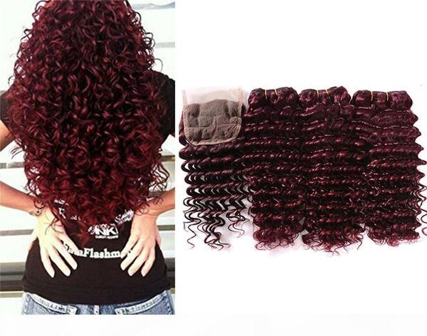 Chiusura di pizzo bordeaux Deep Wave Deep Brasilian Human Hair Red Red Reep Curly Ocean Wave 99J Extension Weave Wavy Bundles with8330396