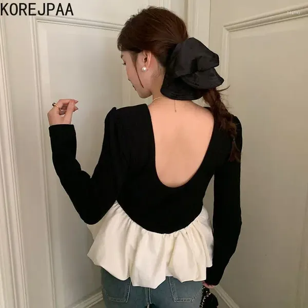 Frauenblusen Korejpaa Herbst Retro Frauen Hemd koreanische Mode runde Hals Rückenfreie Damen Tops Outwear Slimming Ruffled Patchwork Kleidung