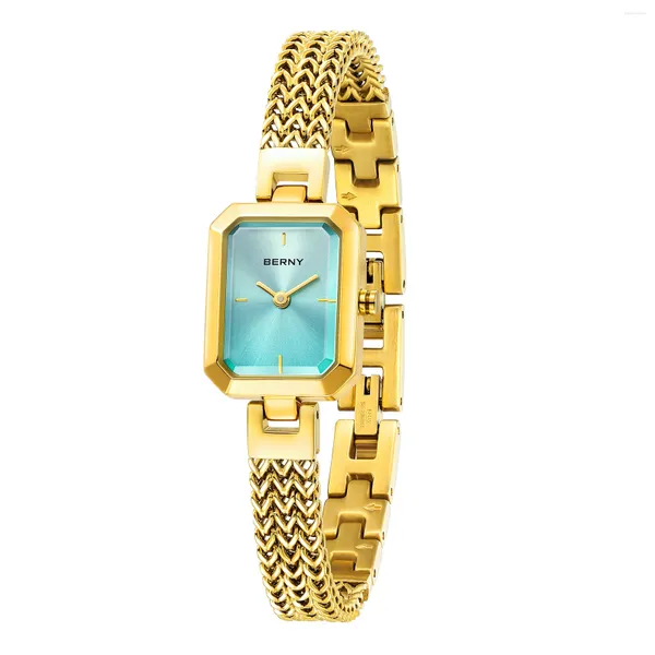 Armbanduhr Berny Rechteck Frauen Golden Quarz Mode minimalistische Handgelenk Uhren 3atm Edelstahlband Gold Damen Damen