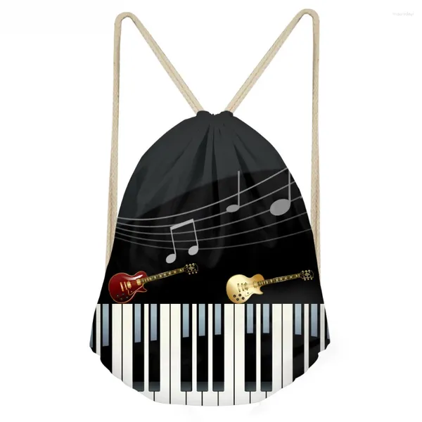 Einkaufstaschen Musiknotiz mit Klavier Keyboard Print Frauen Männer Draw String Rucksack Strand Reise Mini String Girl Rucksack Cinch Sack