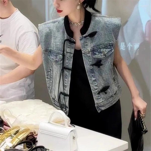 Frauenwesten Chalecos Para Mujer Chinesischer Stil Denim -Weste Jacke für Frauen 2024 Herbst Vintage Y2K Weste Crop Top Jeans Mantel