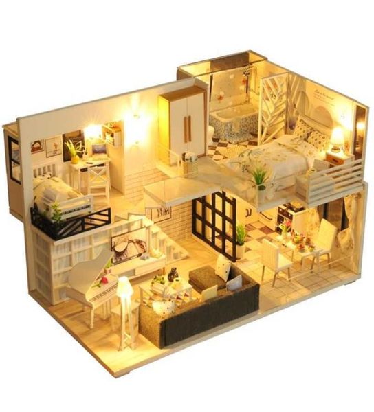 Doll House Möbel Holz Miniatur -DIY -Kit mit Staub Cover Music Box Montage Bastelspielzeug Geburtstagsgeschenk für Kinder Mädchen L7196855