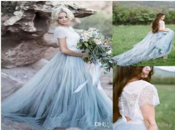 Abiti da sposa bianchi e blu country western 2 pezzi abito da sposa estate bellissimo abito da sposa a maniche corte 8478500