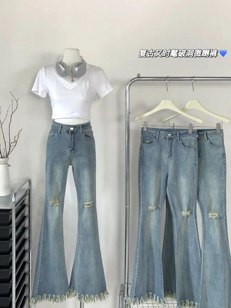 Frauen Jeans zerrissen für Frauen sexy Zipper Street Wide Bein Basic Korean Fashion Jeanshose Hose