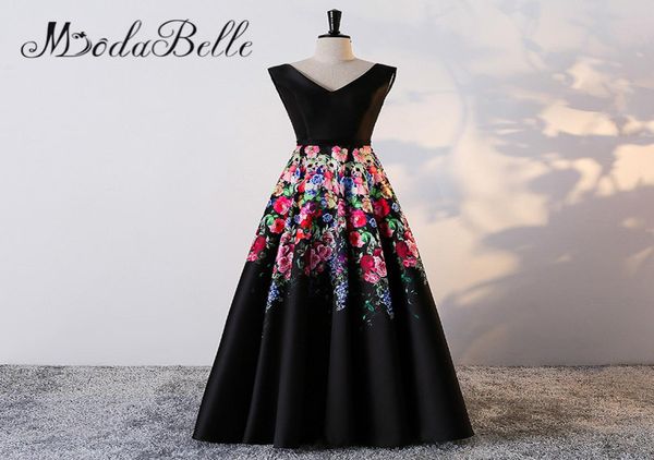 Modabelle Long Night Dress 2018 Floral Print Pattern Black Mother of the Bride Dresses V Neck Formal Prom Party Gowns6231383