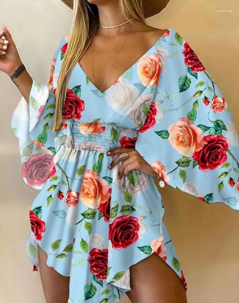 Abiti casuali Spring Women Fahion Floral Stampa floreale Shirted Vesto a V Vesto Asimmetrico Temperamento Donne per le vacanze Donne Manica Batwing