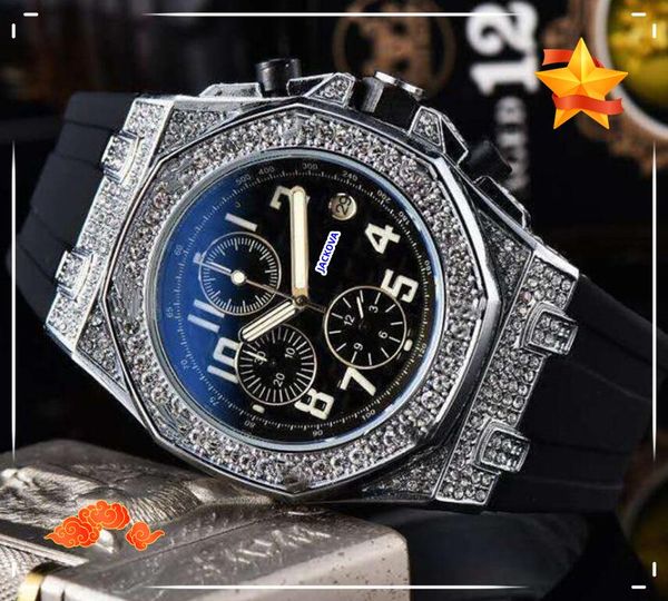 Relógios funcionais completos do Mens Premium Stopwatch Quartz Relógio Relógio Relógio Preto Corrente de borracha verde Diamantes anel de corrente de corrente impermeabilizada Pulseira de pulseira de pulseira Presentes