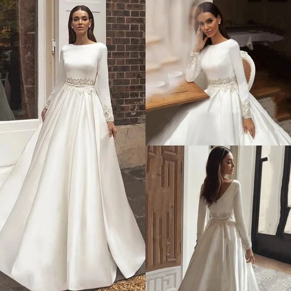 Satin eine bescheidene Linie Brautkleider für Braut Juwel Hals Boho Brautkleider Einfach mit langen Ärmeln Sweep Train Muslim Elegant Robe de Marieeyd