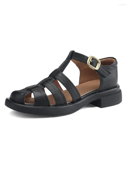 Elbise ayakkabıları kadınlar gerçek deri balıkçı sandalet retro kapalı ayak parmağı kahverengi bej siyah ayak bileği kayış sandal