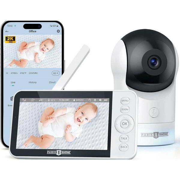 Paris Rnevv Video Babyphone mit 2K HD-WLAN-Kamera, Nachtsicht, Smart Babypity-Monitor-App-Steuerung, Motion Cry-Erkennung, KI-Tracking, Drei-Wege-Audio, RGB Night Light