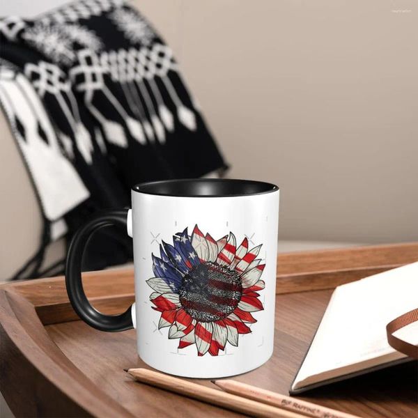 Tassen Sonnenblume American Flag Grafik Kaffee Sommer für Esstisch Juice Cup Comfort Grip