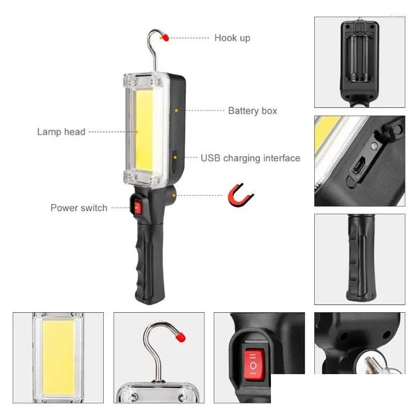 Taschenlampen Taschenlampen arbeiten hell tragbare COB -Batterieantrieb Arbeitslampe Beleuchtung Tool Cam Jogging Car Repairing Workshop Drop liefern DHVQA