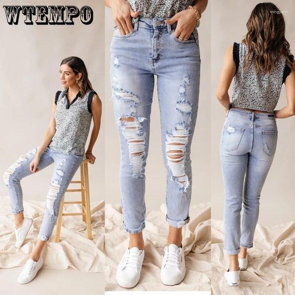 Frauen Jeans wtempo geschnittenes gebrochenes Loch Jean Hosen Capris bequeme Jeanshosen sexy Mode Y2K Stift