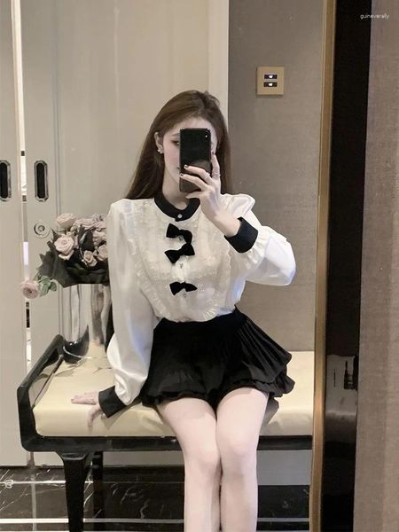 Arbeitskleider koreanische Temperamenthemd -Hemdkuchen Rock Zweiteil Frauen Perle Floune abnehmbarer Bowtie Sweet Frühling Schlanker schicker schicker sanfter Dame Anzug