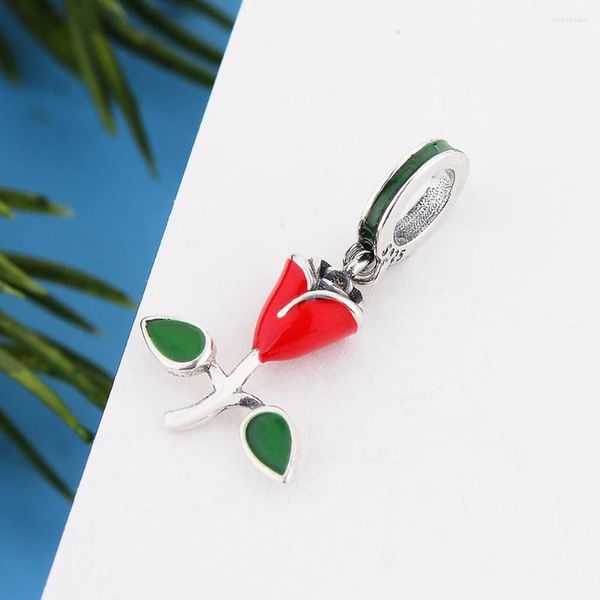 Pedras precárias de pedras fãs Pulseira de charme de marca original 925 Sterling Silver Red Rose Flower Bead para fazer mulheres de casamento Berloque whosale