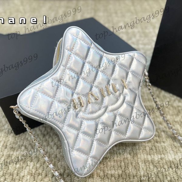 24c Womens Luxury Brand Silver Iridescent White Star Vanity Box Borse Gold Chain Goldbody Borse trapunte trapunte Diamond Latta