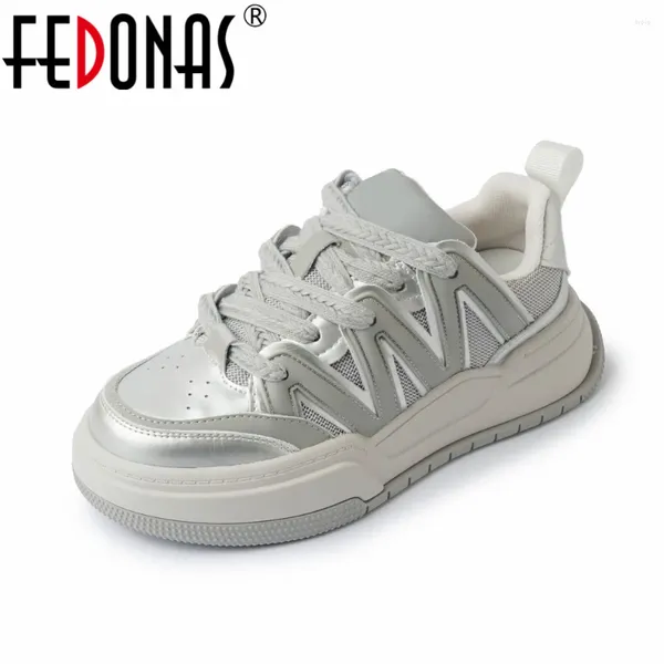 Scarpe casual Fedonas Donne vere sneaker in pelle piattaforme piattaforme a lettere incrociate di punta rotonda sportiva