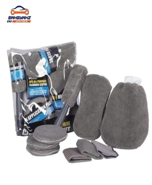 9pcs Mikrofaserauto -Wäsche Reinigungswerkzeuge Set Handschuhe Handtücher Applikatorpolster Schwamm Car Care Kit Wheel Pinsel Auto Reinigungskit 2012143156097