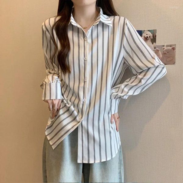 Blouses feminina Spring Autumn Collar Colar Moda de Moda Longa Mulheres High Street Pure Cotton Button Cardigan Printing listrado Chic Z166