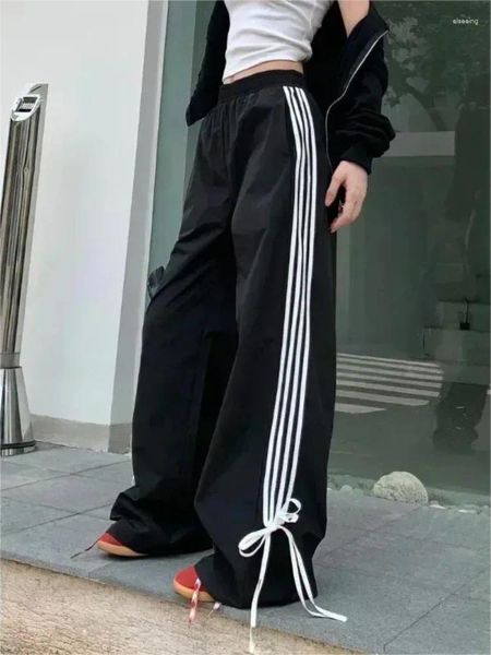 Calças femininas Houzhou Black Stripe Sport Sortplants Wide grande tamanho Harajuku Casual Joggers Parachute Spring Coreana Moda 2024