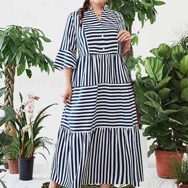 Abiti casual Donne da donna Summer Striped Dress Long Vest V Neck Botton Down Mid Sleeve Slizia Plus Size per donne