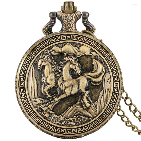 Карманные часы старая мода двойные лошади полные часы бронзовые ожерелье подвесное подвесное Quartz Аналоговый циферблат ретро -подарочные часы Unisex