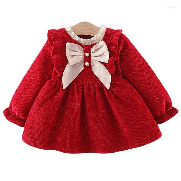 Mädchen Kleider Winter Baby Kleidung Korean süße Bogenmisch Fleece warm warm warm lang Ärmel roter Geburtstag Geborene Prinzessin Luxuskleid BC847
