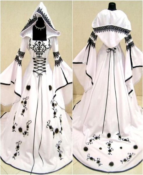 Ренессанс средневековые винтажные черно -белые свадебные платья 2019 с длинными рукавами вышивка кружев