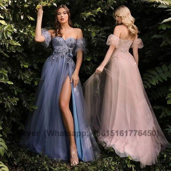 Partykleider babyblau Pink eine Linie Schatz Prom handgefertigt 3D Blume Sexy Hochschlitz Abendkleider Langes Abschlusskleid