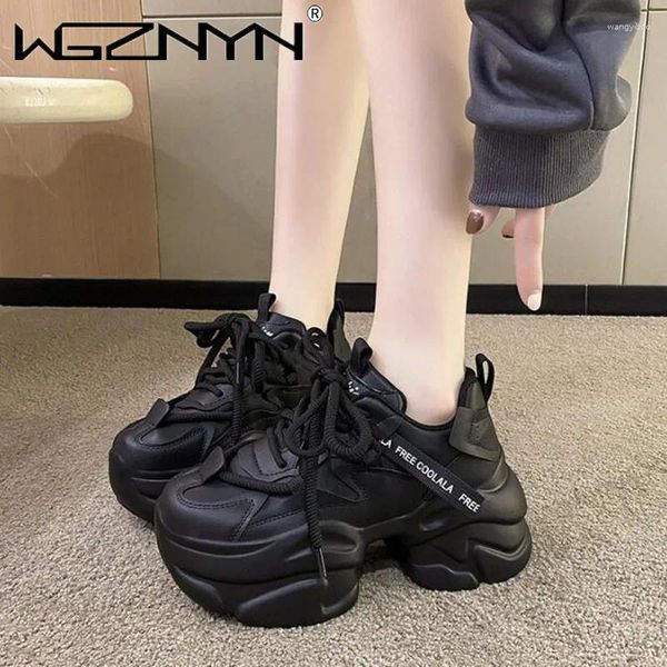 Casual Shoes Fashion 2024 Schwarze Damen vulkanisierter Schuh 8cm High Platform Leder Sneakers Frau Frauen Chunky Sneaker