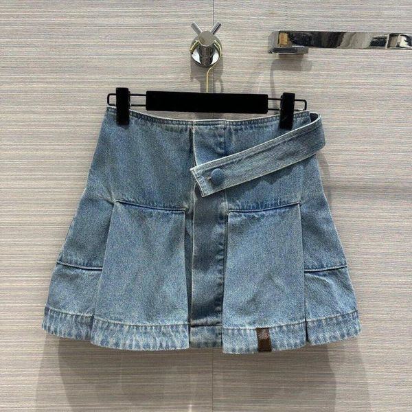 Saias 2024 Moda Blue Denim Mini Pleeded Womens High cinto da cintura Primavera Salia doce Salia doce