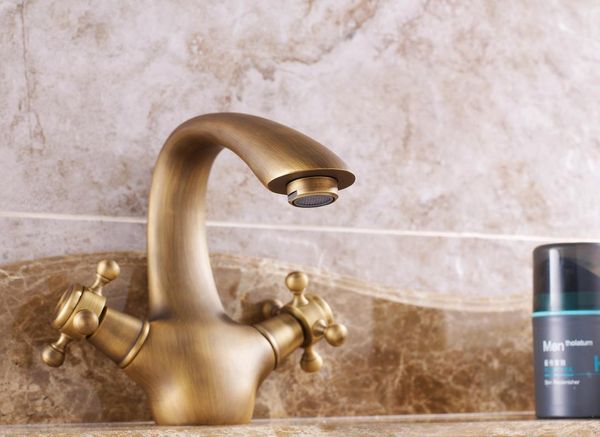 Rubinetti del lavandino del bagno tradizionale interruttore rotante a doppio rotaggio antico rubinetto del bacino in bronzo 4 colori in ottone contropiede dorato.