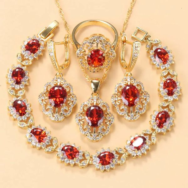 Conjuntos de jóias de casamento Dubai Gold Colors Acessórios AAA Red Garnet Bridal for Women Charm Bracelet e anel 230321