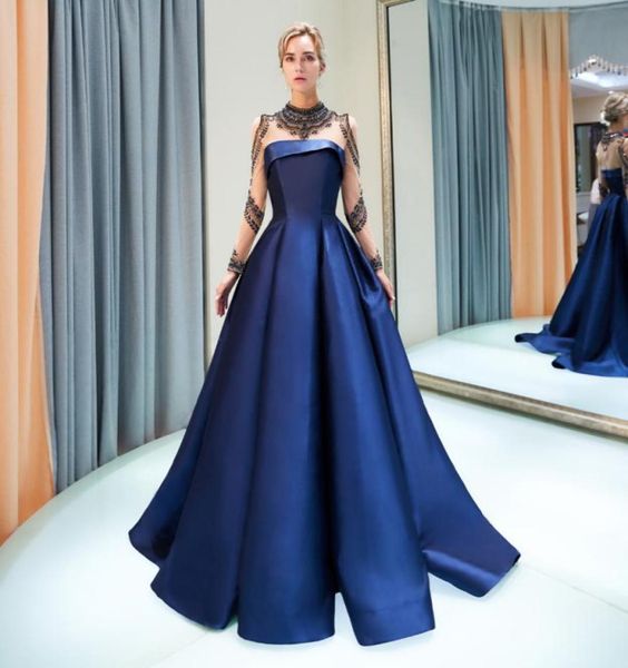 Purer Hals und langhülle mit Applikationen Perlen Aline Blue Prom Kleid Abendkleider 2018 Göttin Besonderer Anlass Kleider CustO2889895