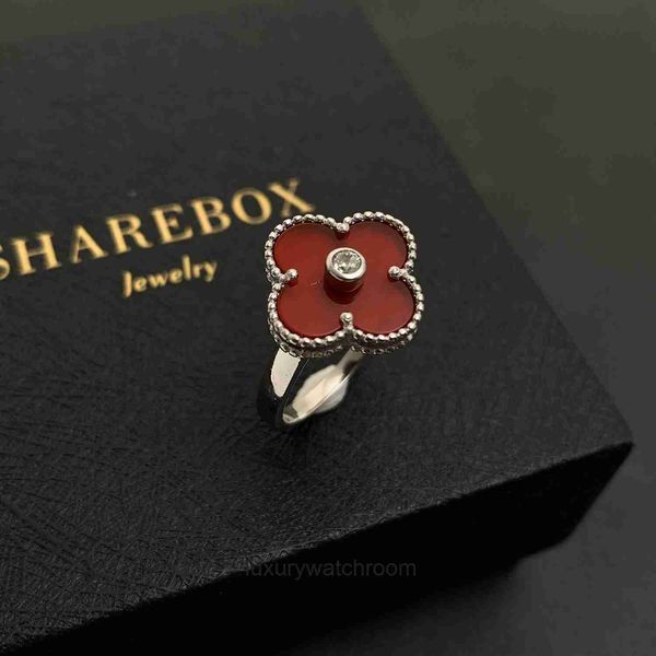 High -End -Schmuckringe für Vancleff Womens Trendy gegen Golden Lüfter vier Blattgrasring Red Jade Full Diamond Ring Fashion Schwarzes Achat Original 1: 1 mit echtem Logo und Schachtel