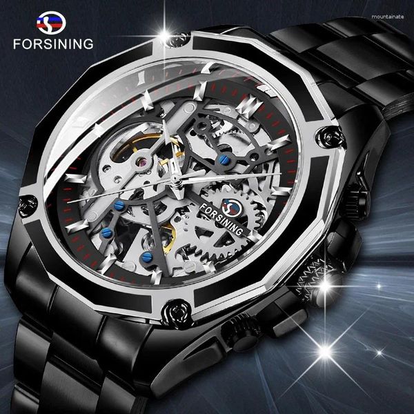 Armbanduhr Forsination 2024 Mode Retro Herren Automatische mechanische Uhr Top Full Black Design Luminous Hands Skeleton Uhr