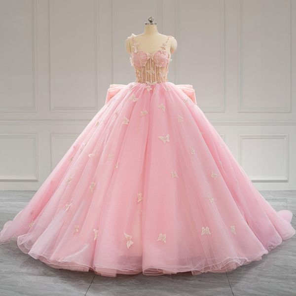 Vestidos de luxo rosa princesa quinceanera espaguete com cinta de miçanga