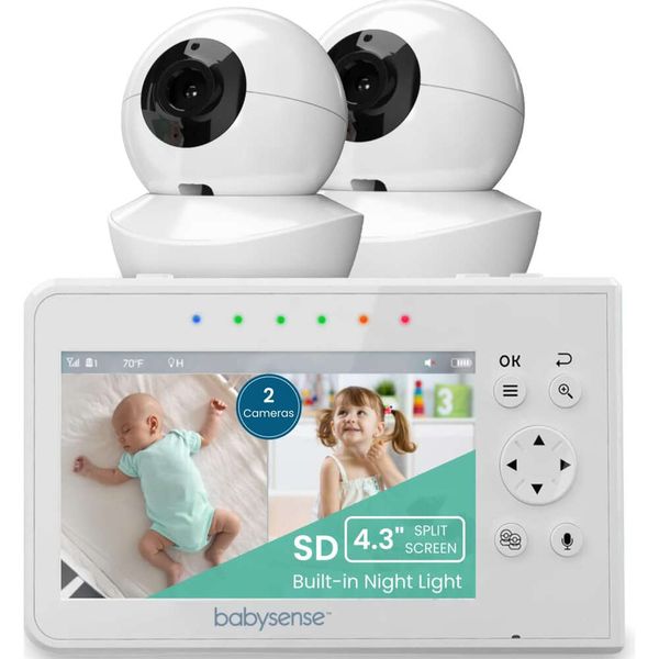 Mantenha -se conectado com o Monitor de bebê BabySense 43s - Tela dividida Monitor de bebê com duas câmeras, PTZ remoto, alcance de 960 pés, luz noturna, áudio de mão dupla, zoom, visão noturna