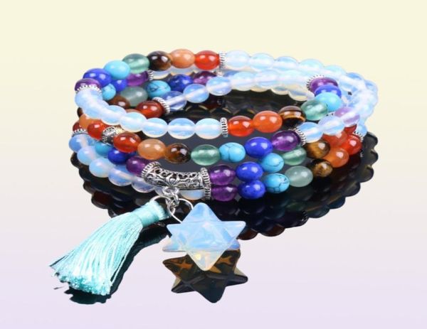 CSJA Reiki Multilayer 7 Chakra 108 Bracelete de contas mala para homens Mulheres Opal Star Pingente Rainbow Meditação Cura Bagão de Tassel JE4215718