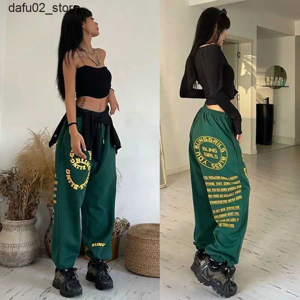 Herrenhosen dunkelgrüne elastische Taille Sporthose für Männer und Frauen Y2K Hip-Hop Loose Casual Hosen Retro Brief Printed Jazz Dance Hosen Kleidung Q240417