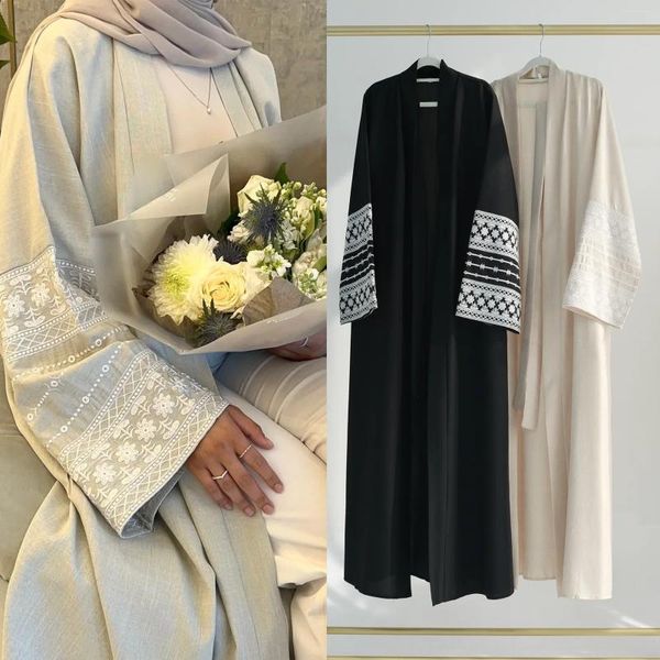 Roupas étnicas bordadas linho fino aberto abaya para mulheres muçulmanas quimono abayas dubai luxo peru kaftan hijab vestido ramadã islâmico