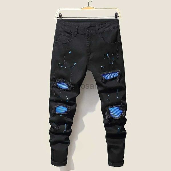 Herren Jeans 2023 Herren Cool zerrissene dünne Hosen Slim Denim Pants Patchwork Hip Hop Black Blue Casual Jogging für Männer D240417