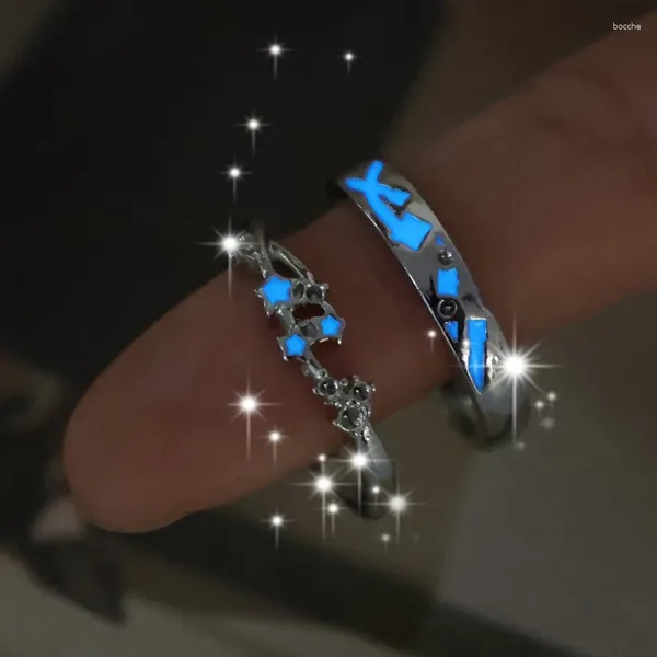 Küme halkaları moda mavi yıldız moon gece parlayan yüzük sevgilisi çift Koreli tatlı romantik mücevher düğün partisi arkadaş hediyesi kızlar için