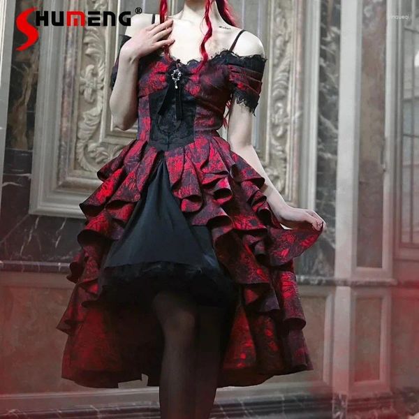 Vestidos casuais japoneses rojita gótico vermelho preto halloween fora ombro de onda de onda de onda feminina na primavera de manga longa vestidos mujer 2024