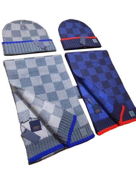 Hat Scondf Set Designer Luxo masculino Marca de inverno Lenços vos seda cetim skate quadriculado skate ton blue cinza mulher gorro pescoço pashm maconha checkerboard