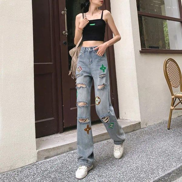 Frauen Jeans zerrissen Frauen mit hoher taillierter weiblicher Bettlermuster Strasshosen losen Retro gerade Wide Legs Hosen