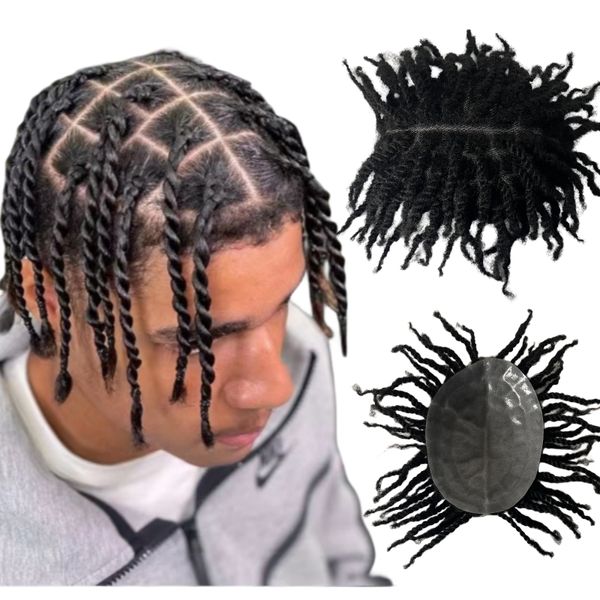 150% Dichte 1# Jet Black Afro Twist Braids Jungfrau menschliches Haar Ersatz Knoten Hautpu -Toupe für schwarze Männer