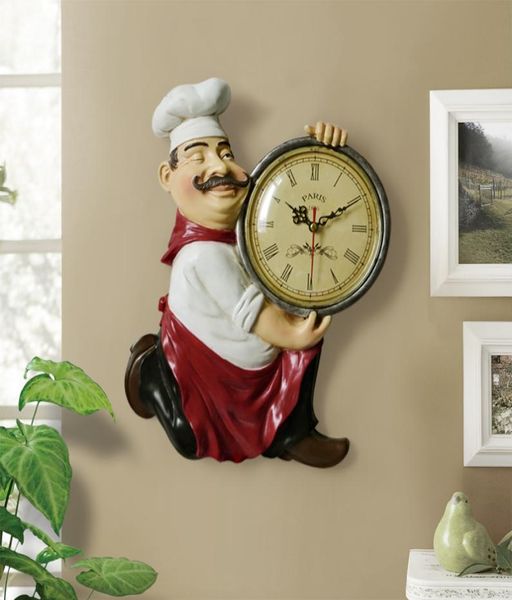 Orologio da parete vintage decorazione per casa resina chef statue orologio orologio in quarzo muto per soggiorno decorazioni da parete cucina coglione orologio 20123707206