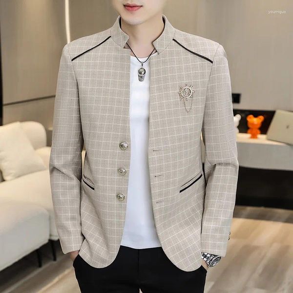 Abiti da uomo Plaid Men Zhongshan Casual Fashion Suit Youth Slim comodo Single West Coat Collar Trend senza colletto